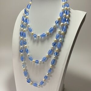 Vintage Blue Art Glass Faux Pearl Necklace Venetian Lampwork Beads Opera Length
